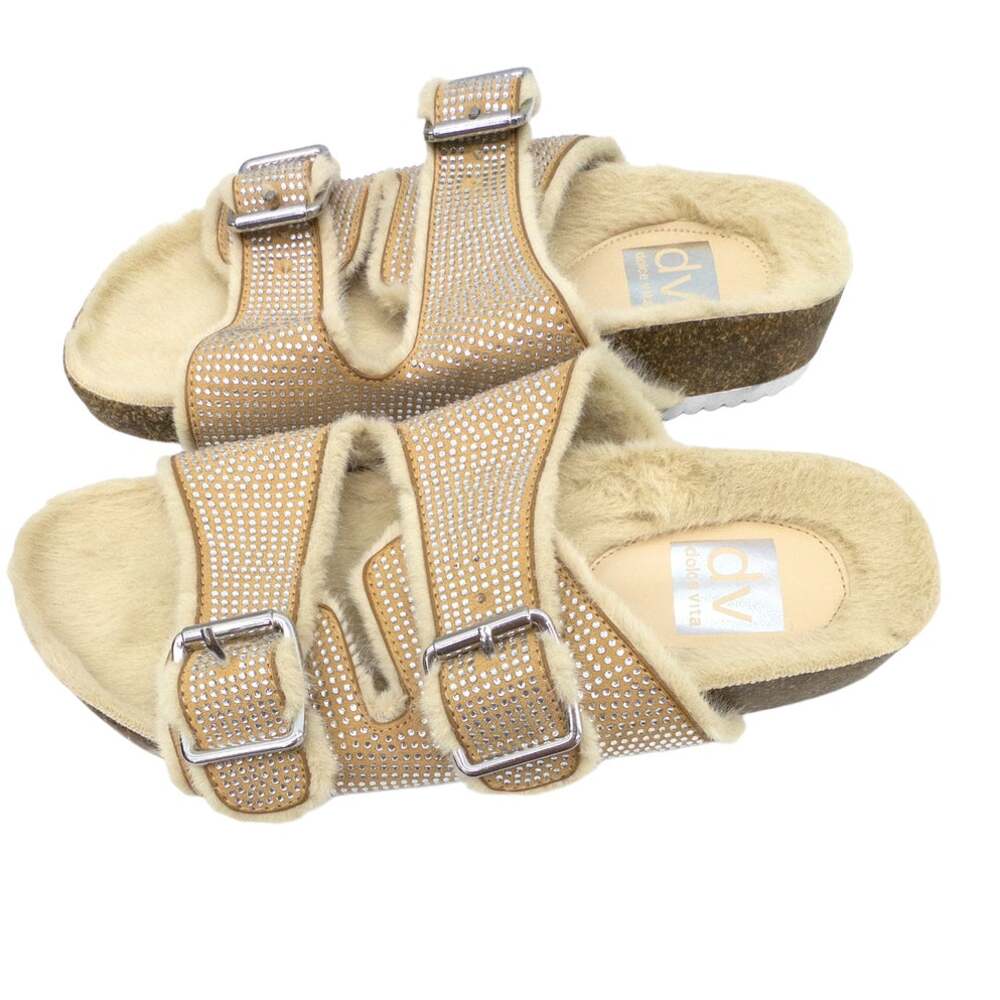 Dolce Vita Bonita Fuzzy Rhinestone Double Strap Slide Sandal Women Tan 9 or 10